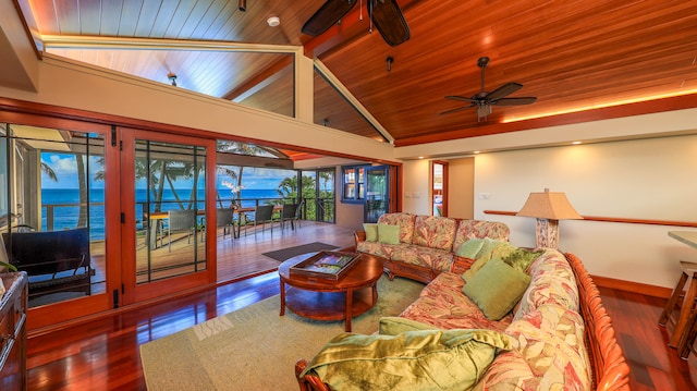 living room featuring ceiling fan, a water view, wood ceiling, and dark wood-type flooring