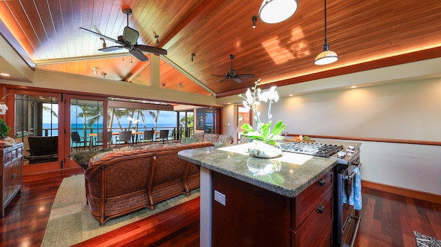 kitchen with a center island, wooden ceiling, high end stainless steel range oven, decorative light fixtures, and dark hardwood / wood-style flooring