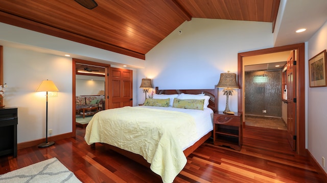 bedroom featuring wood-type flooring, lofted ceiling, and wood ceiling