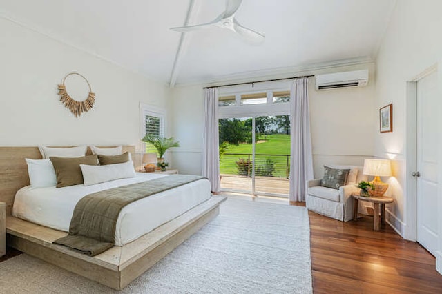 bedroom with ceiling fan, a wall mounted air conditioner, dark wood-type flooring, and access to exterior