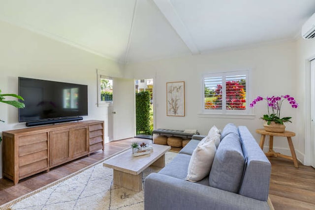 living room featuring light hardwood / wood-style flooring and lofted ceiling