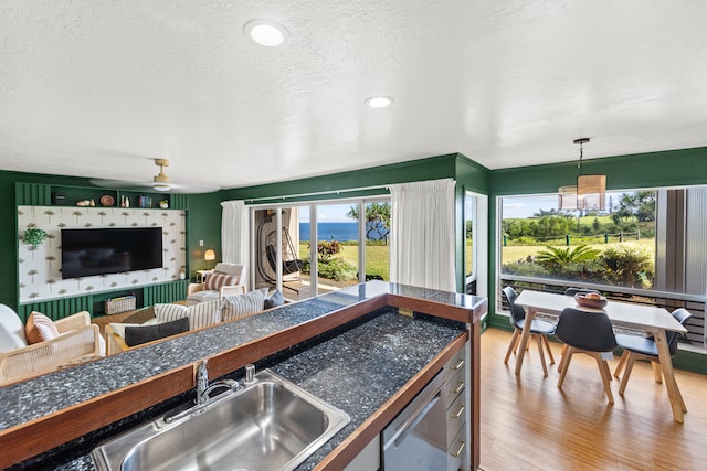 kitchen with sink, light hardwood / wood-style flooring, decorative light fixtures, ceiling fan, and stainless steel dishwasher