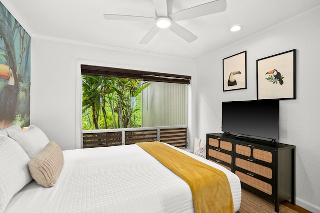5300 Ka Haku Rd Unit 130, Princeville, HI 96722 - bedroom with baseboards, recessed lighting, crown molding, ceiling fan, and wood finished floors