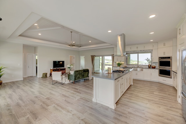 kitchen featuring white cabinets, a raised ceiling, and island range hood