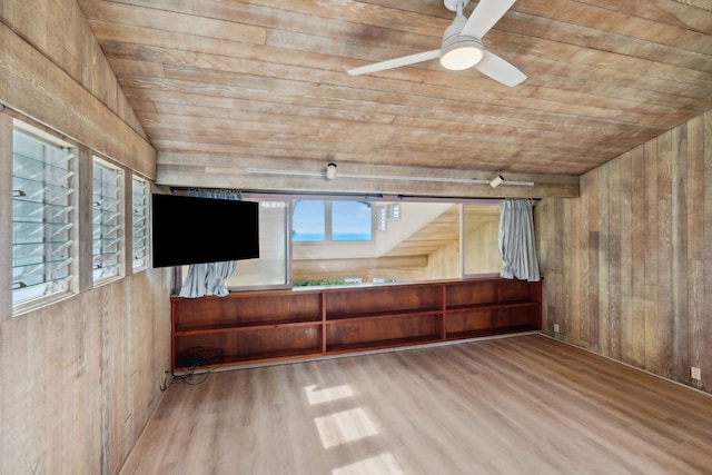 unfurnished room with hardwood / wood-style flooring, ceiling fan, wood walls, and wood ceiling