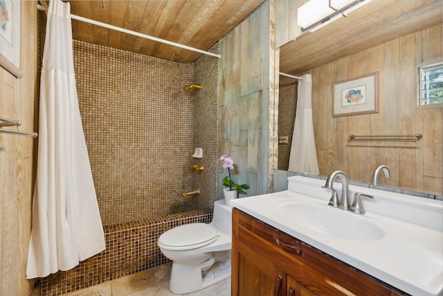 full bathroom featuring wooden ceiling, wood walls, toilet, shower / bath combo with shower curtain, and vanity