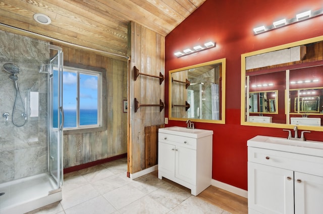 bathroom with vanity, a water view, a shower with shower door, and wooden ceiling