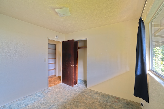 unfurnished bedroom with a textured ceiling, carpet, and a closet