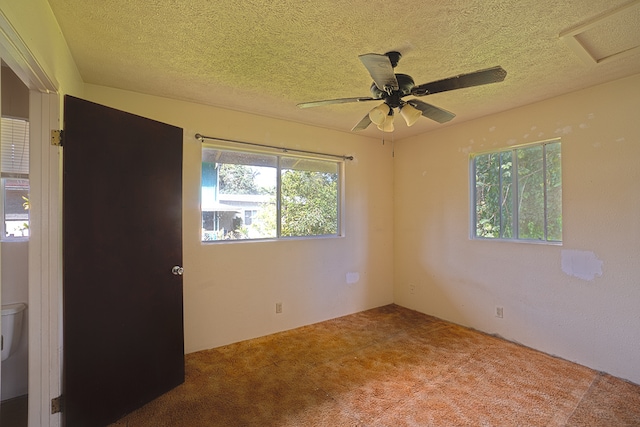 carpeted spare room featuring ceiling fan and a textured ceiling