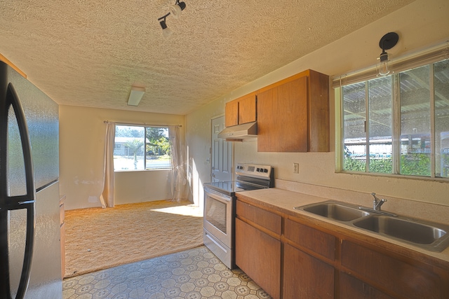 kitchen with track lighting, a textured ceiling, stainless steel appliances, and sink