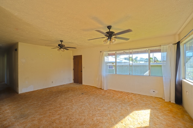 spare room featuring light carpet, a textured ceiling, and ceiling fan