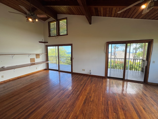 unfurnished living room with wood ceiling, beamed ceiling, hardwood / wood-style flooring, and ceiling fan