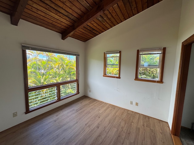 empty room featuring light wood-type flooring, lofted ceiling with beams, and wood ceiling