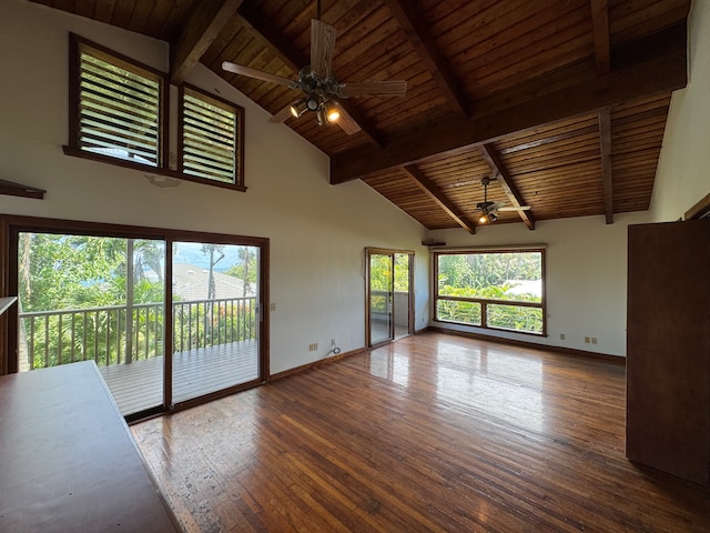 unfurnished living room with ceiling fan, hardwood / wood-style flooring, wooden ceiling, and a wealth of natural light