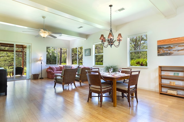 dining space featuring light hardwood / wood-style floors, beamed ceiling, ceiling fan with notable chandelier, and plenty of natural light