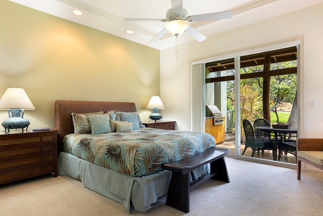 bedroom with crown molding, access to exterior, light colored carpet, and ceiling fan