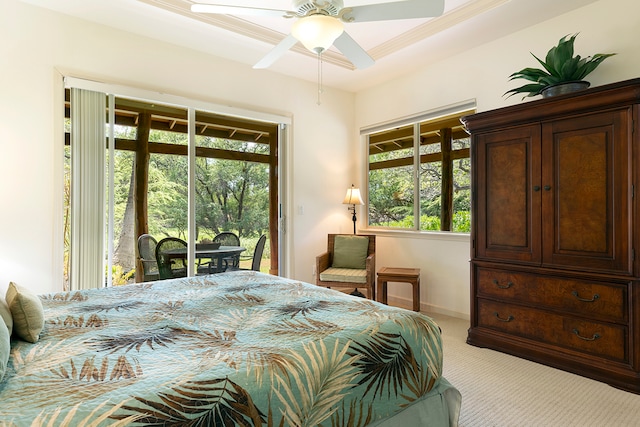 bedroom featuring light carpet, crown molding, access to exterior, and ceiling fan