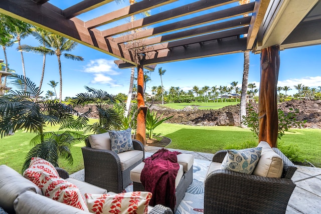 view of patio with an outdoor hangout area and a pergola