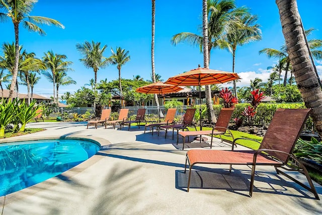 view of swimming pool featuring a patio area