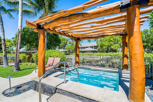 view of pool with a pergola, a patio area, and an in ground hot tub