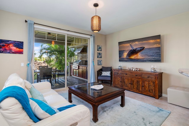 living room featuring light tile patterned flooring