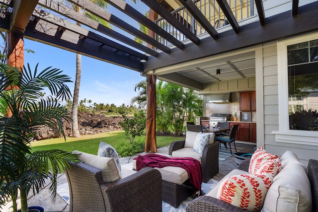 view of patio / terrace with area for grilling, an outdoor hangout area, an outdoor kitchen, and a pergola