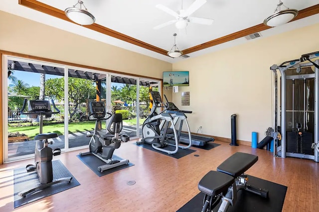 workout area with a raised ceiling, ceiling fan, and hardwood / wood-style flooring