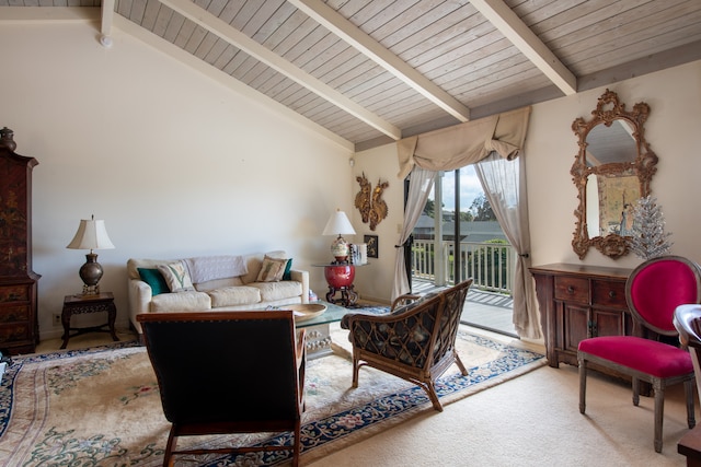 living room with high vaulted ceiling, beamed ceiling, and light carpet