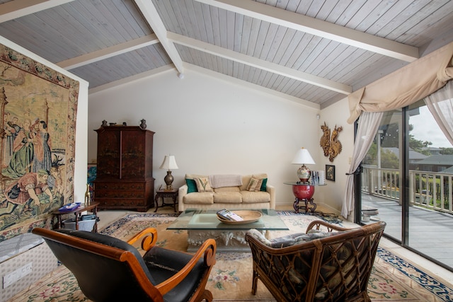 living room with vaulted ceiling with beams