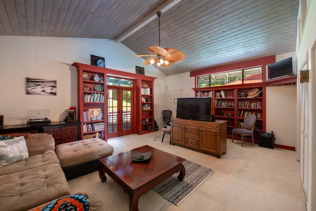 carpeted living room featuring lofted ceiling with beams, plenty of natural light, ceiling fan, and wooden ceiling