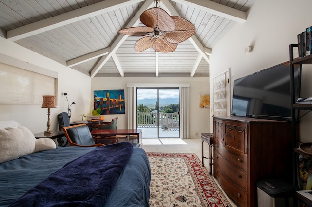 bedroom with high vaulted ceiling, beam ceiling, ceiling fan, and access to exterior