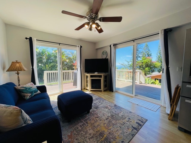 living room featuring light hardwood / wood-style flooring and ceiling fan