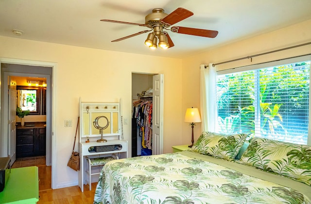 bedroom featuring a spacious closet, a closet, ceiling fan, and hardwood / wood-style floors