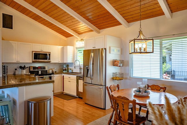 kitchen with white cabinets, kitchen peninsula, stainless steel appliances, sink, and a notable chandelier