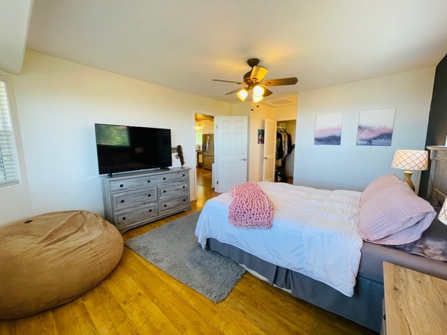 bedroom featuring a closet, wood-type flooring, ceiling fan, and a walk in closet