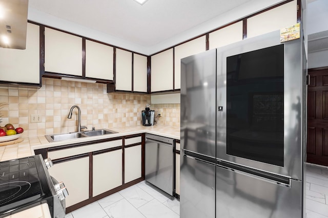 kitchen with sink, appliances with stainless steel finishes, decorative backsplash, and white cabinets