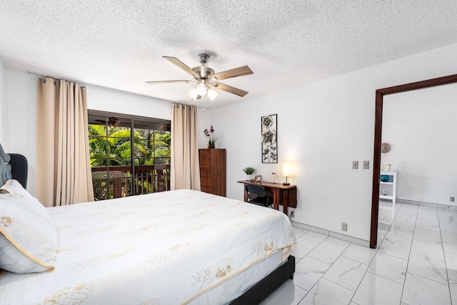 bedroom featuring a textured ceiling, access to outside, and ceiling fan