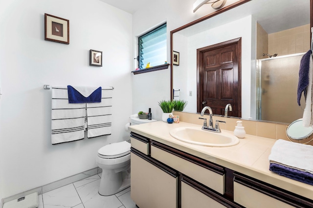 full bathroom featuring a stall shower, vanity, toilet, and marble finish floor