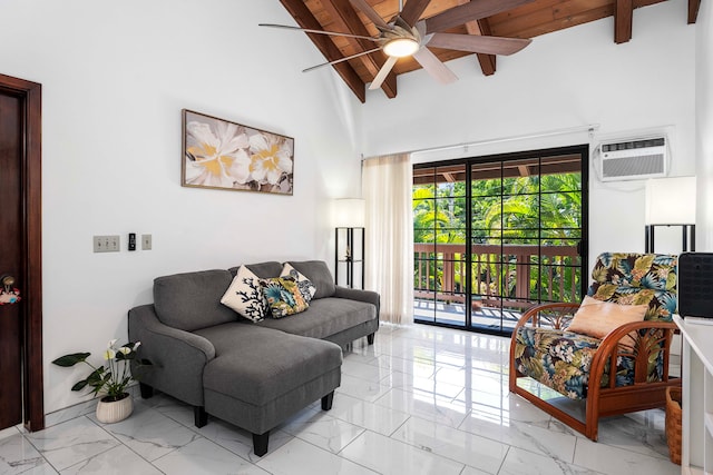living area featuring a wall mounted AC, beam ceiling, marble finish floor, and ceiling fan