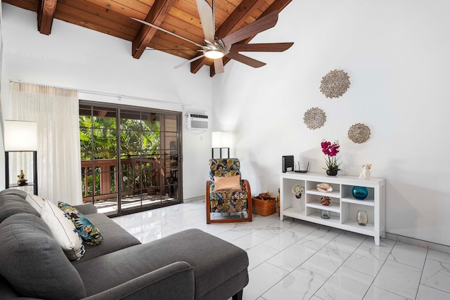 living area featuring wood ceiling, a ceiling fan, beamed ceiling, marble finish floor, and an AC wall unit