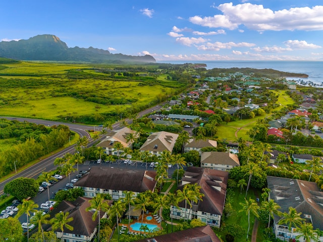 drone / aerial view with a water and mountain view