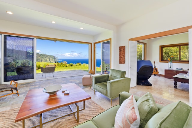 living room with a water view