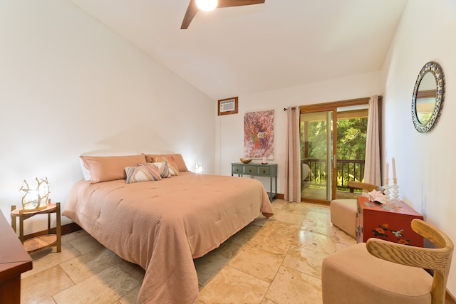 bedroom with lofted ceiling, access to outside, and ceiling fan