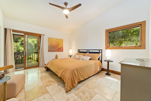 bedroom with ceiling fan, vaulted ceiling, and access to exterior