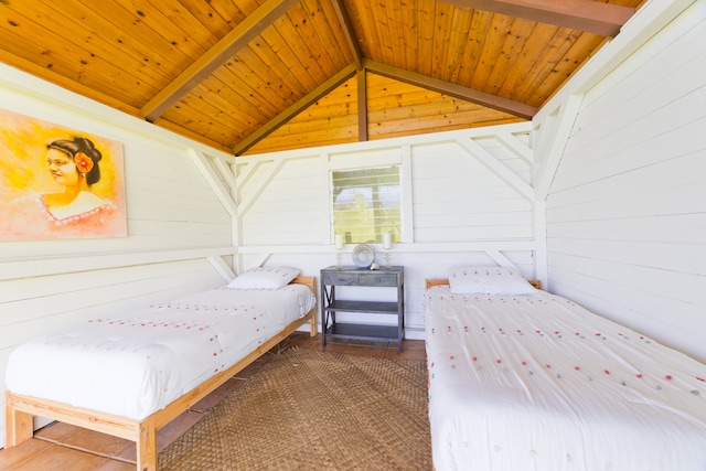 bedroom with wood walls, wooden ceiling, and vaulted ceiling with beams