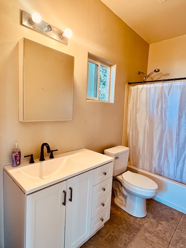 full bathroom with shower / bath combination with curtain, vanity, toilet, and tile patterned floors