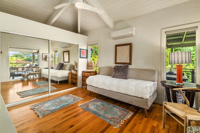 3707 Omao Rd, Koloa, HI 96756 - bedroom with a wall mounted air conditioner, hardwood / wood-style floors, vaulted ceiling with beams, and multiple windows