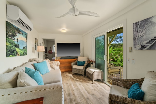 3707 Omao Rd, Koloa, HI 96756 - living room featuring a wall mounted air conditioner, a ceiling fan, and light wood-type flooring