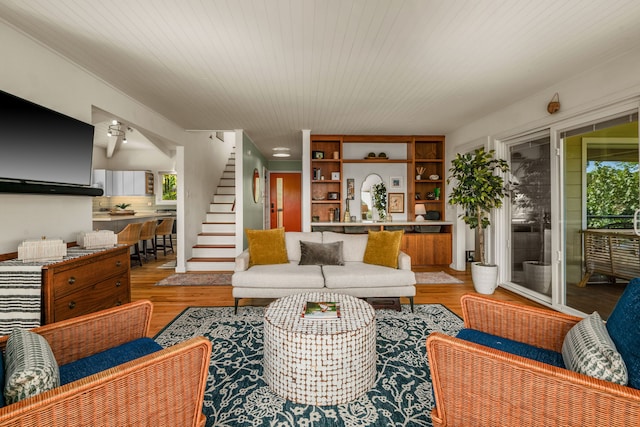 3707 Omao Rd, Koloa, HI 96756 - living area featuring stairway, wooden ceiling, a wealth of natural light, and light wood-style floors