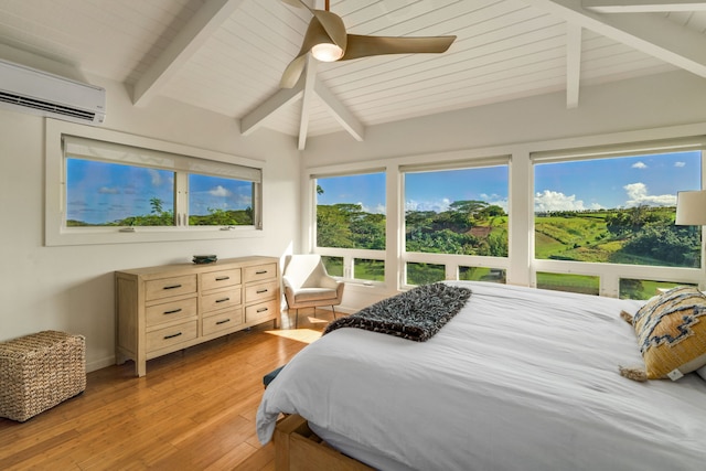 3707 Omao Rd, Koloa, HI 96756 - bedroom with a wall mounted air conditioner, a ceiling fan, lofted ceiling with beams, light wood-style floors, and wood ceiling